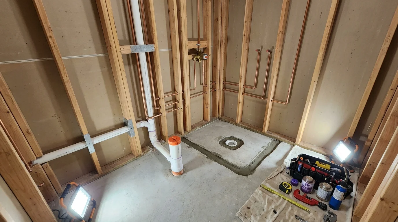 Bathroom rough-in plumbing during remodel by Johns Plumbing LLC in Aguas Buenas