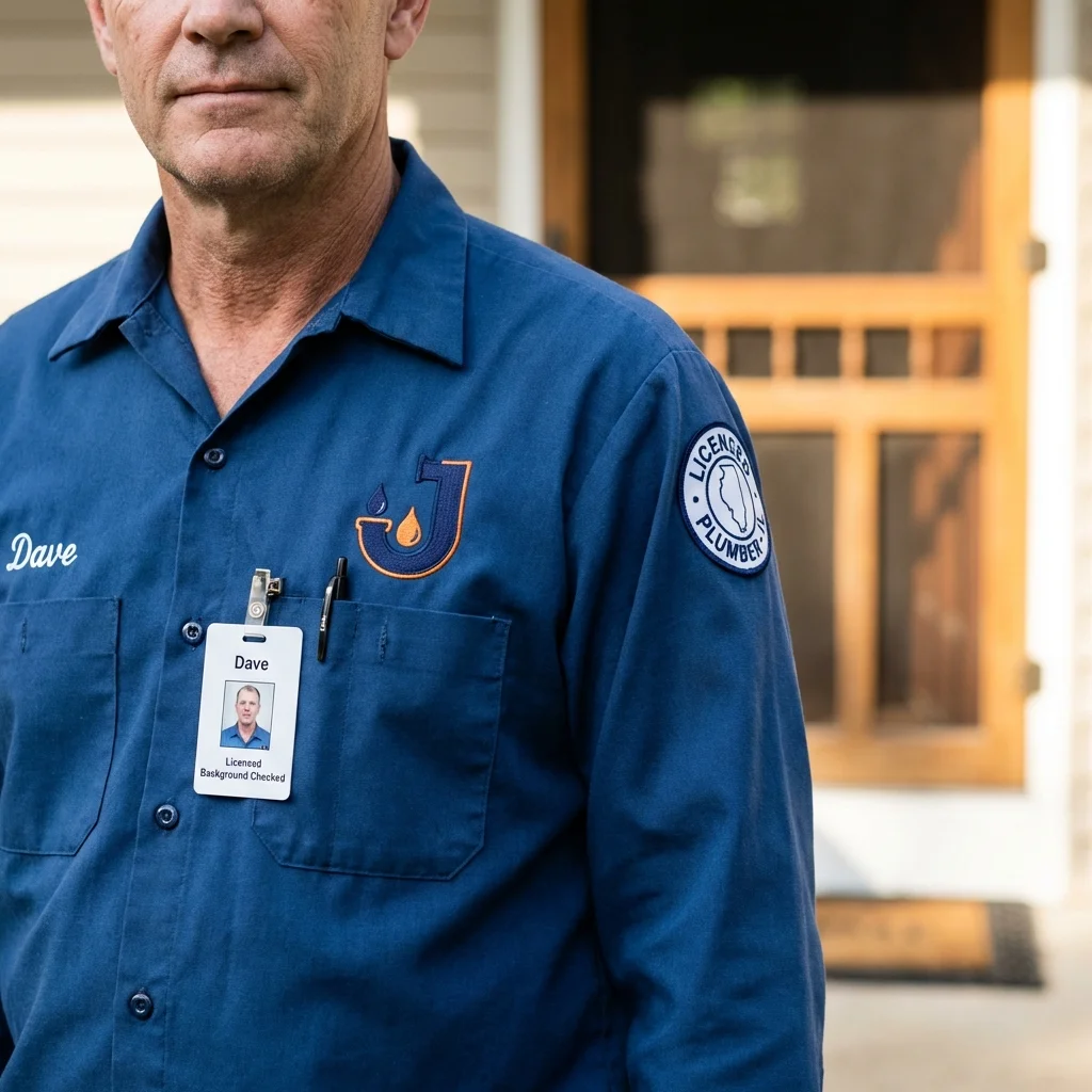 Licensed plumber showing ID badge in Aguas Buenas, PR