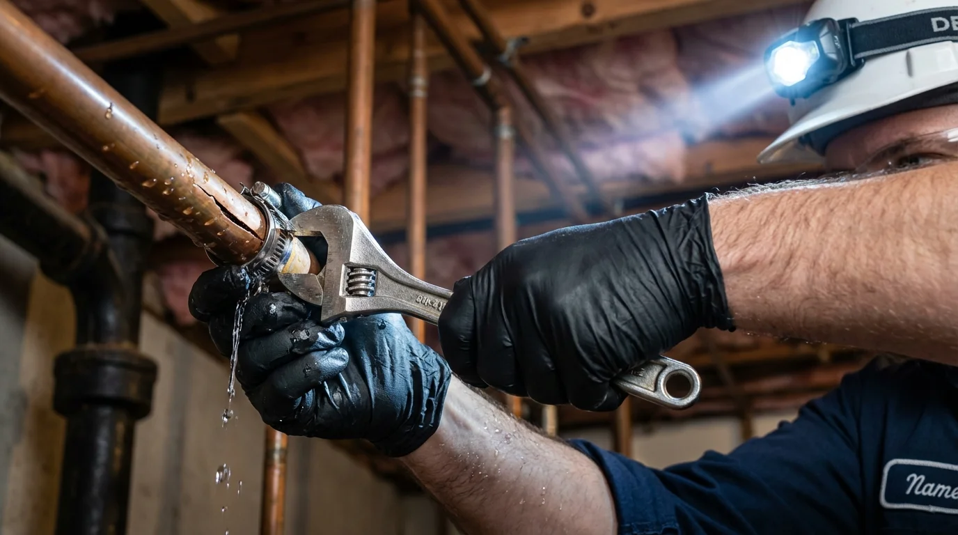 Emergency pipe clamp repair being performed by a Johns Plumbing LLC plumber in Aguas Buenas