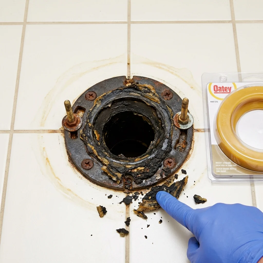 Failed wax ring showing water seepage at the base of a toilet in a Aguas Buenas, PR home