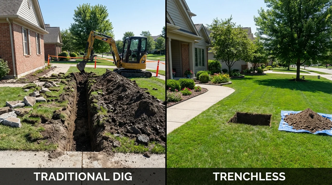 Trenchless sewer repair with minimal yard damage versus traditional excavation in Aguas Buenas, PR