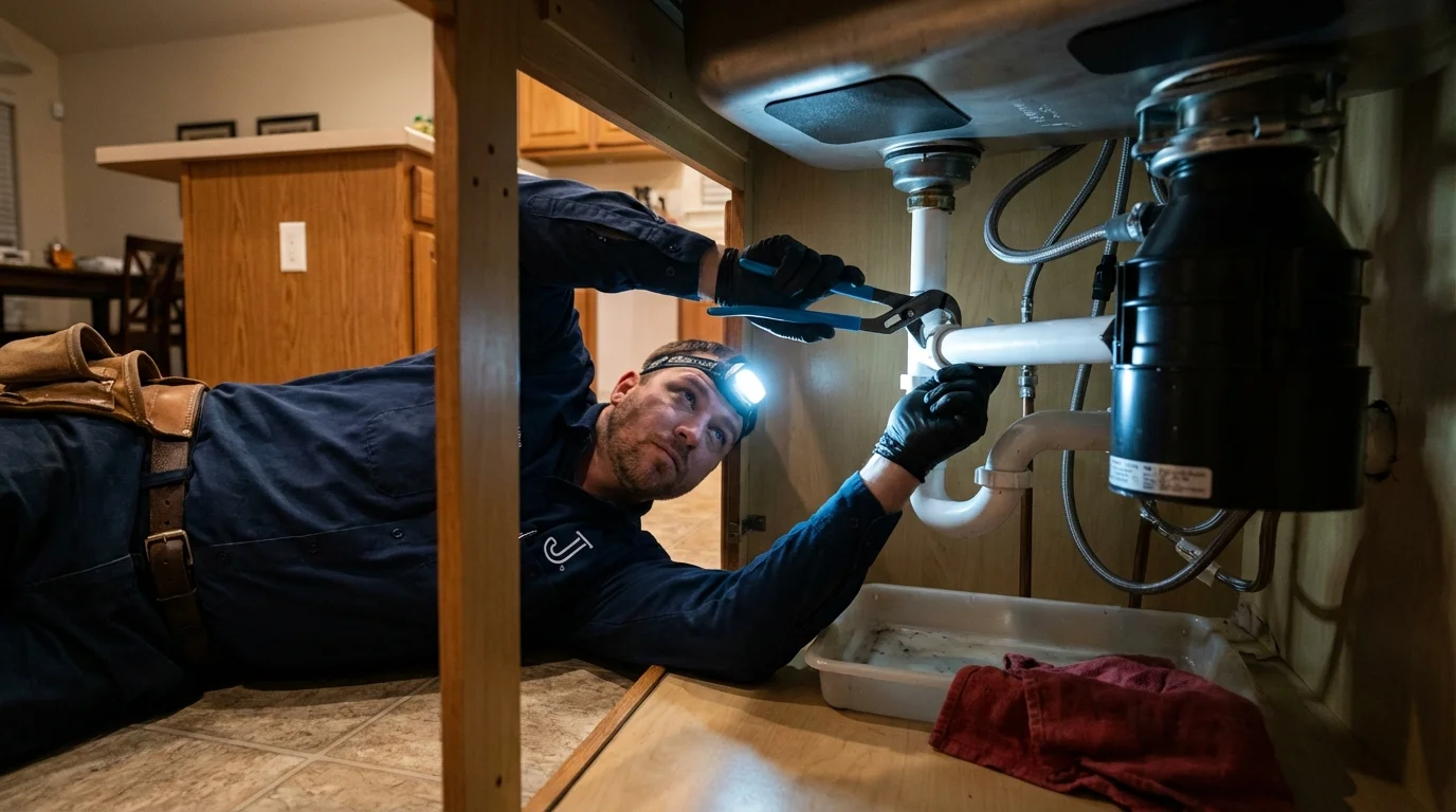 P-trap and supply line connections under a kitchen sink showing a common leak point in Aguas Buenas, PR